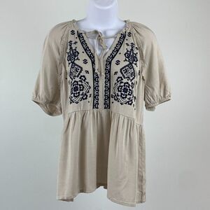 Maurices Blouse sz S Top Beige Navy Embroidered Boho Flowy New NWT